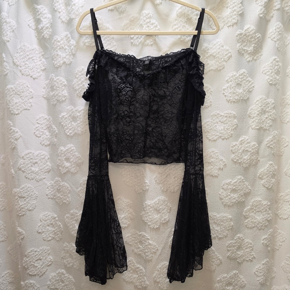 Widow Black Sheer Floral Lace Off Shoulder Bell Sleeve Crop Top Large Gothic Top